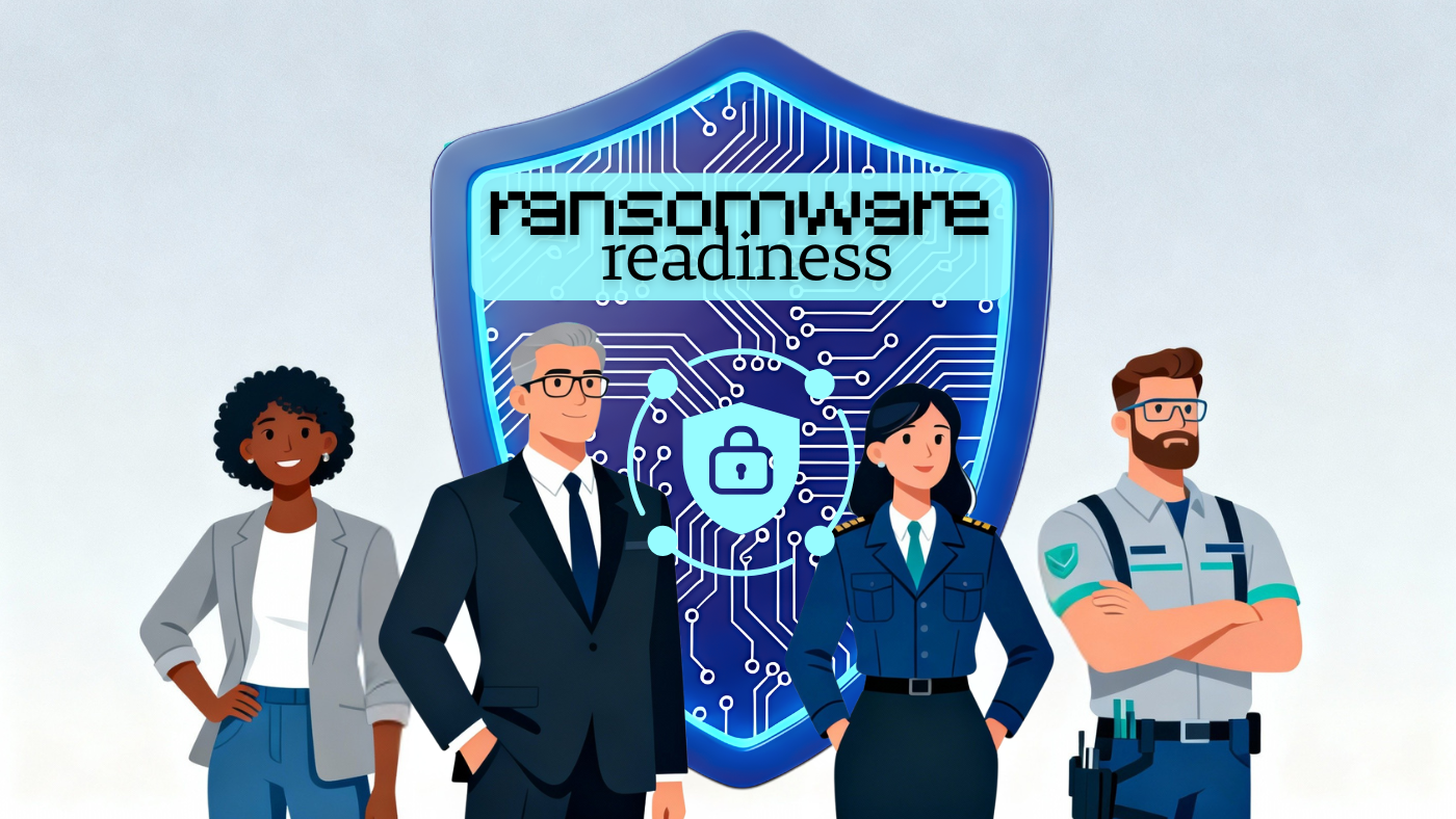 Ransomware readiness concept illustration showing a diverse team of small business, law firm, government, and IT leaders standing together in front of a digital shield interface with network diagrams, backup icons, and incident response